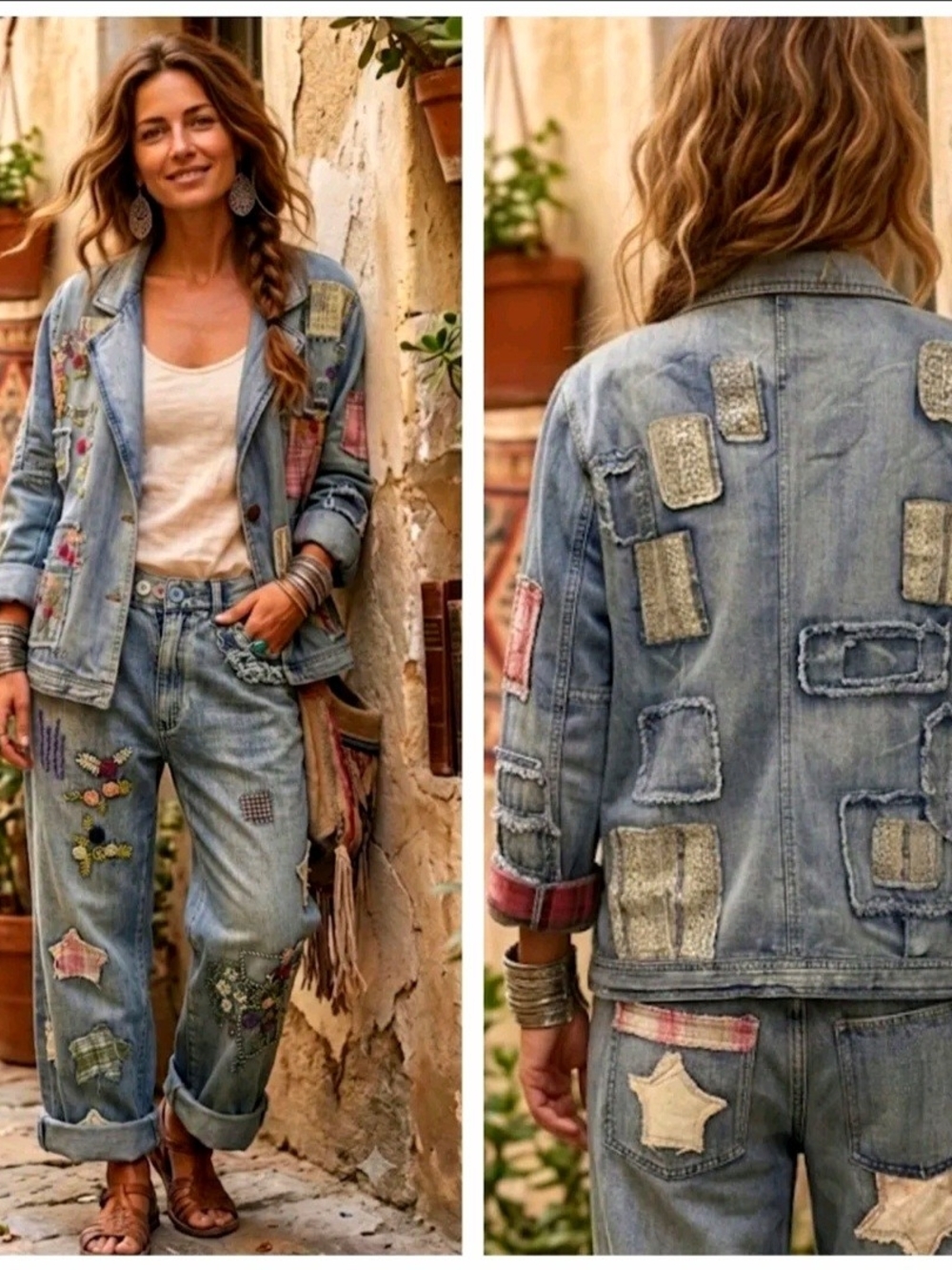 Blue Velvet Embroidered Patchwork  Jeans Jacket - Women's Relaxed Fit